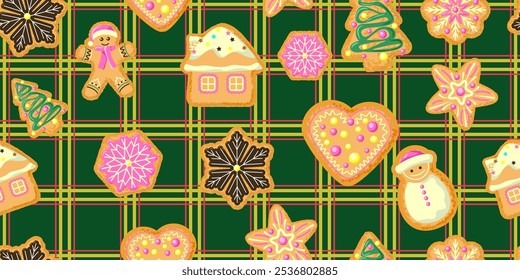 Seamless vector Christmas pattern on holiday tablecloth background. New Year's gingerbread cookies in the form of Christmas trees, houses, snowflakes, men, snowmen. Vector