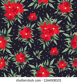 Seamless vector Christmas pattern. Red poinsettia, green leaves. All elements are isolated.