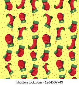 Seamless vector Christmas pattern. Red mittens and Christmas socks on yellow background. All elements are isolated.