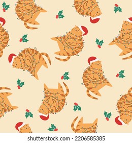 Seamless vector Christmas pattern. Red cat in a Santa Claus hat tangled in the garland. New Year's berries, holly  