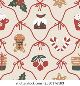 Seamless vector Christmas pattern with red ribbons forming diamond-shaped frames, containing festive decor like gifts, gingerbread men, cocoa mugs, cookies, berries, candy canes. for holiday designs