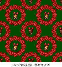 Padrão de Natal de vetor sem costura com coroas de ponteiro vermelho, cones de pinho e sinos em um fundo verde escuro, perfeito para projetos festivos e férias de inverno.