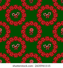 Seamless vector Christmas pattern with red poinsettia flowers, candy canes, and lollipops on a dark green background, creating a festive and joyful winter design.