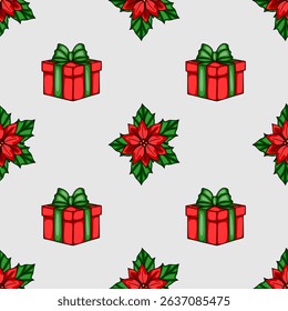 Seamless vector Christmas pattern with red gift boxes and poinsettia flowers, a festive design ideal for wrapping paper, cards, or holiday backgrounds.
