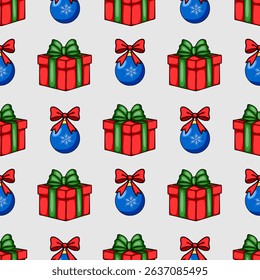 Seamless vector Christmas pattern with red gift boxes, green and red bows, and blue baubles with snowflakes, perfect for festive design projects.