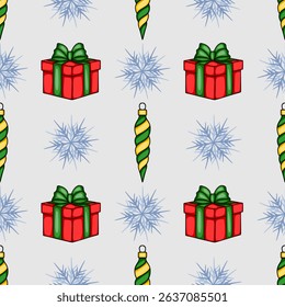 Seamless vector Christmas pattern with red gift boxes, green-yellow ornaments, and stylized snowflakes on a light gray background, perfect for festive designs.