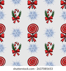 Seamless vector Christmas pattern with red lollipops, candy canes, bows, and snowflakes on a light gray background, perfect for festive designs and winter holidays.