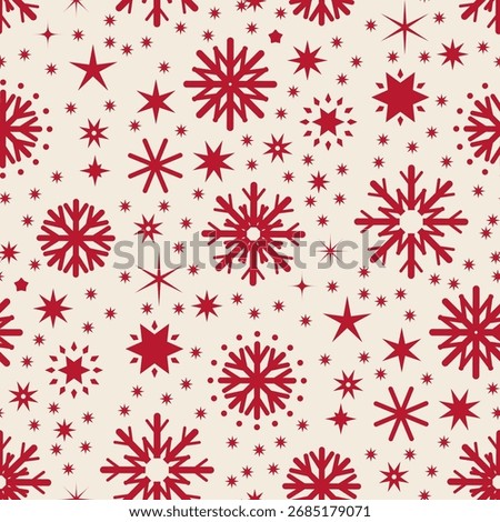 Seamless vector Christmas pattern with red snowflakes and stars on cream background. Scandinavian folk festive design for holiday wrapping.