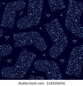 Seamless vector Christmas pattern with 
Russian winter footwear - valenki on dark blue background