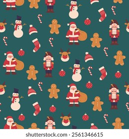 Seamless vector Christmas pattern with Santa Claus, deer,snowman,gingerbread man and candy cane. Christmas background for print,fabric,textile,wrapping paper,wallpapers,festive decorations.