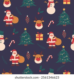 Seamless vector Christmas pattern with Santa Claus, tree,deer,ornaments,present,candy cane. Christmas background for print,fabric,textile,wrapping paper,wallpapers,festive decorations.