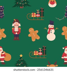 Seamless vector Christmas pattern with Santa Claus, tree,snowman,gingerbread man and sledge with gifts. Christmas background for print,fabric,textile,wrapping paper,wallpapers,festive decorations.