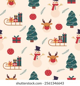 Seamless vector Christmas pattern with Santa Claus, tree,snowman,deer and sledge with gifts. Christmas background for print,fabric,textile,wrapping paper,wallpapers,festive decorations.