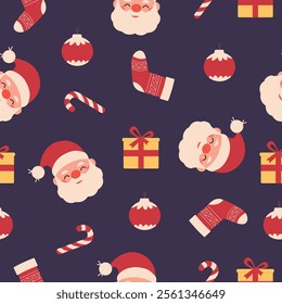 Seamless vector Christmas pattern with Santa Claus, tree,socks,ornaments,present,candy cane. Christmas background for print,fabric,textile,wrapping paper,wallpapers,festive decorations.