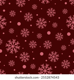 Padrão de Natal de vetor sem costura com flocos de neve em um fundo vermelho escuro