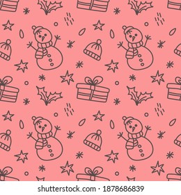 Seamless vector Christmas pattern with snowman and snowflakes in doodle style on pink background. vector illustration for the new year and christmas.