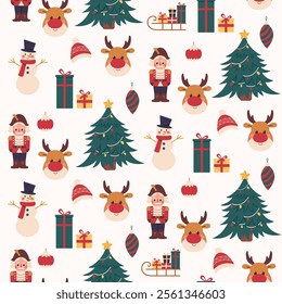 Seamless vector Christmas pattern with snowman, deer,snowman,tree, gifts and nutcracker. Christmas background for print,fabric,textile,wrapping paper,wallpapers,festive decorations.