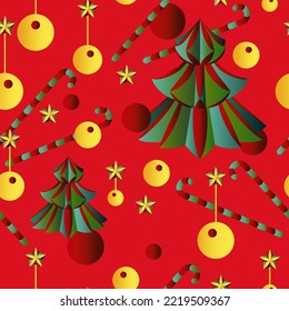 Seamless vector Christmas pattern with stars, balloons and candy canes