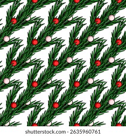 Seamless vector Christmas pattern with stylized pine branches adorned with red and pink baubles, creating a festive and elegant design ideal for winter holidays.