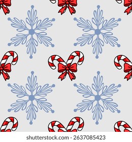 Seamless vector Christmas pattern with stylized snowflakes and candy canes tied with red bows, featuring a light gray background and a delicate, hand-drawn style.