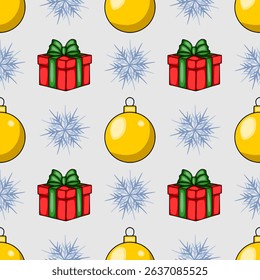 Seamless vector Christmas pattern with stylized red gifts, golden baubles, and light-blue snowflakes on a light-grey background, perfect for festive designs.