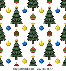 Seamless vector Christmas pattern with stylized fir trees, yellow and blue baubles, and red striped ornaments, creating a cheerful festive design.
