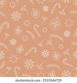 Seamless vector Christmas pattern with Christmas toy, Christmas plants, candy cane and star