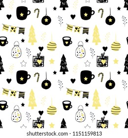 Seamless vector christmas pattern in traditional scandinavian style with decorative elements including garland, christmas tree, stars, etc. Perfect for wrapping paper, greeting cards, invitations. etс