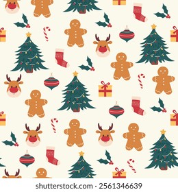 Seamless vector Christmas pattern with tree, deer,snowman,gingerbread man and candy cane. Christmas background for print,fabric,textile,wrapping paper,wallpapers,festive decorations.