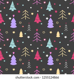 Seamless vector christmas pattern with trees and stars on the dark background. Simple flat design. Perfect for greeting cards, wrapping paper, party invitations, etc.