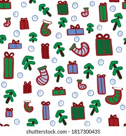 Seamless vector Christmas pattern - christmas trees, gifts, snowballs, christmas stockings - in blue, green, dark red colors.