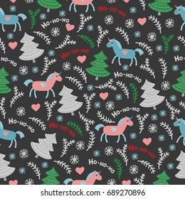 Seamless vector Christmas pattern with unicorns. Holiday illustration, merry christmas theme. Perfect for postcards, print, packing paper for gifts, dark background.