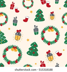 Seamless Vector Christmas Pattern With Xmas Trees, Wreath, Present Boxes, Lantern