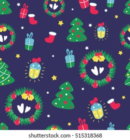 Seamless Vector Christmas Pattern With Xmas Trees, Wreath, Present Boxes, Lantern