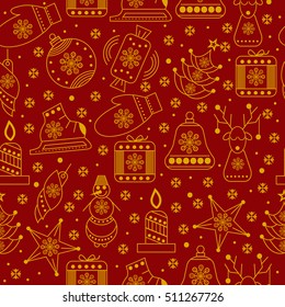 Seamless vector christmas red and gold pattern. Vector background with outline snowman, rein, star, mitten