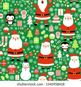 Seamless vector Christmas Santa Claus pattern in green and red colors with penguin, snowman and holiday trees