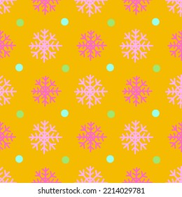Patrón de nevadas de navidad sin vectores. Fondo de invierno amarillo. Regalo de magia estacional y papel de envoltura. Diseño textil de tejido 