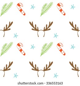 Seamless vector Christmas texture. Seamless backdrop with pine tree, cany cane, deer horns and snowflakes. Boho stripes. Simple style pattern background with tribal shape elements.