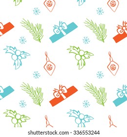 Seamless vector Christmas texture. Seamless backdrop with pine tree, gift box, christmas decoration, holly berry, snowflakes. Simple style pattern background with Christmas holiday elements.