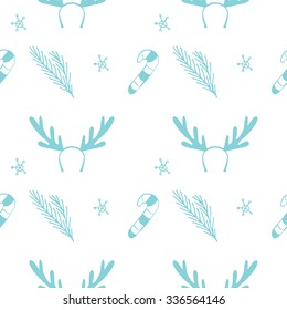Seamless vector Christmas texture. Seamless backdrop with pine tree, candy cane, deer horns and snowflakes. Simple style pattern background with Christmas decoration elements.