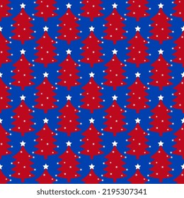 Seamless vector Christmas tree pattern from the colors of America. Festive Illustration bright for wrap, surface, packaging, postcard, wallpaper.