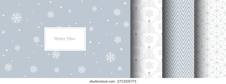 Nahtlose Vektor Weihnachten Winter graues Muster gesetzt. Weißer Schneefall, linearer Weihnachtsbaum, Zick-Zack, lineares Star-Umhüllungspapier, endlose Web-Seite Füllung Sammlung. Fallender Schnee Neujahr Textur