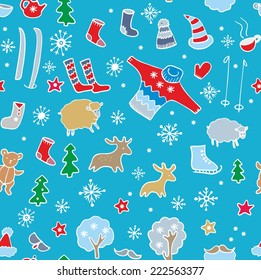 Seamless vector christmas wrapping paper design, with bears, skiing, skates, mittens,  snowflakes on blue background