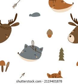 Seamless vector chuldish pattern with cute tribal animal faces. Scandinavian style illustration, indians with feathers