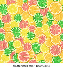 Seamless vector citrus pattern. Fruit background. Summer bright background with lemon, grapefruit, lime and orange.