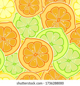 Seamless vector citrus pattern. Fruit background. Summer bright background with orange and lime green.