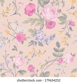 Seamless vector classic pastel romantic pattern with Victorian bouquet of colorful flowers on a cream  background. Pink roses, yellow tulips, purple delphinium.