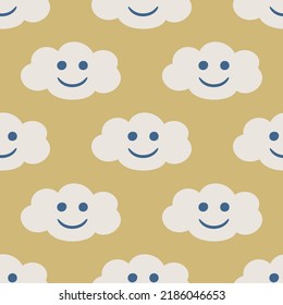 Seamless vector clouds pattern. Illustration of cloud with face. Background for design, fabric, textile, cover, wrapping.