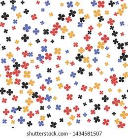 Seamless vector clover pattern. Chaotic multicolor for-leaves black ,white, red, yellow and blue elements background 10 eps. For design, fabric, textile, web, wrapping.