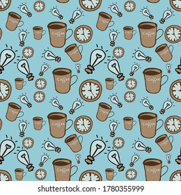 Seamless vector of coffee mug, clock and tungsten lamp represent coffee time for getting idea on pastel blue background